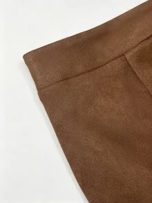 Linhara CURVE Plus Size Lady's Woven Skirt With Slit, Elegant For Autumn, Mid-Length Skirt - Coffee Brown - View 6
