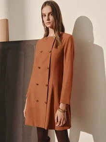 MOTF PREMIUM WOMEN'S SOLID COLOR LONG SLEEVE DOUBLE-BREASTED ROUND NECK FASHION BUSINESS DRESS - Coffee - View 6
