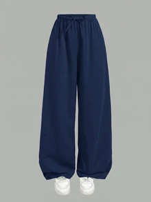 SHEIN Teen Girl Solid Color Drawstring Waist Casual Daily Long Pants - Navy Blue - View 2
