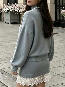 Cévolie Blue Pullover Long Sleeve Lace Skirt Sweater Set - Blue - View 2