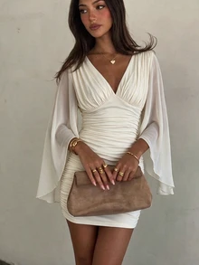 Allurite Fashion Sexy Apricot Deep V-Neck Asymmetrical Long Sleeve Ruched Waist Body-Hugging Mini Dress For Women, Suitable For Party, Evening Date, Daily Commute - Apricot - View 4
