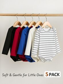 SHEIN Playful Pals 5件組新生兒男嬰連身衣 可愛紅黑藍白條紋 領口開肩長袖圓領 常規款 派對 秋季 聖誕節 萬聖節 多件裝 - 彩色 - 查看 3