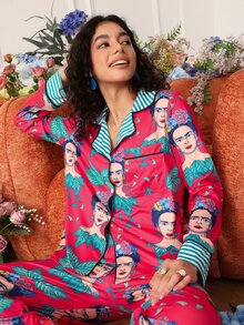 Chillnights Frida Kahlo X SHEIN Women's Character Print Single-Breasted Top And Pants Pajama Set - Red - View 1