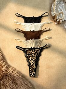 Bare Chapter Women's Lace Patchwork Bow Decor Sexy Daily Thong Panties - Multicolor - View 5