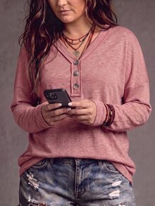 SHEIN LUNE Women's Solid Color Casual V-Neck Button Long Sleeve Plus Size T-Shirts Fall - Pink - View 3