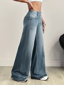 SHEIN Tall 高腰前拼接水洗針織牛仔褲 - 淺色水洗藍 - 查看 8