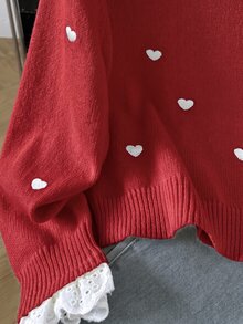 SHEIN 兒童青少年女孩休閒套頭衫 秋季毛衣 優雅刺繡飾邊愛心寬鬆袖套頭毛衣 柔軟舒適加厚內裡 - 紅色 - 查看 9