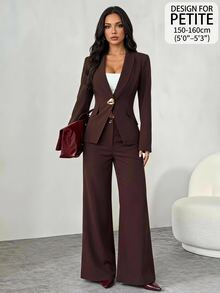 SHEIN PETITE طقم جاكيت بأكمام طويلة وأزرار معدنية وبنطال فضفاض للنساء - بني - مشاهدة 1
