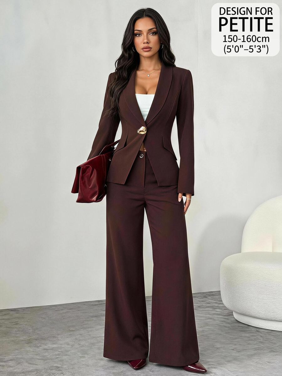 SHEIN PETITE طقم جاكيت بأكمام طويلة وأزرار معدنية وبنطال فضفاض للنساء - بني - مشاهدة 1