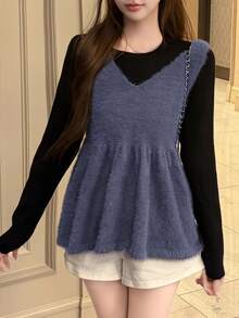 FRIFUL Women's Autumn Colorblock Layered Sweater 2 Pieces Set - Black - View 6