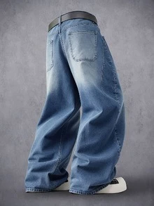 Manfinity Denimwave بنطلون جينز رجالي عتيق مغسول فضفاض جداً بساق واسعة، بنطلون جينز فضفاض بحجم كبير، أسلوب ملابس الشارع الهيب هوب - الأزرق - مشاهدة 2