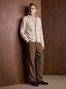 Marcello Vane 新款男士秋冬長袖翻領針織開襟衫，麻花編織紋理，單排鈕扣 - 卡其色 - 查看 5