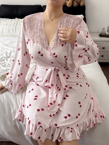 Napfluff CURVE Napfluff CURVE Plus Size Cute Heart Print Lace Patchwork Robe, Drawstring Waist, Ruffle Bell Sleeve, Hemline Detail, Loose Fit Women's Sleepwear - Pink - View 6