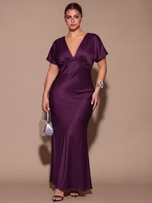 SHEIN BAE CURVE 女款大尺碼短袖休閒洋裝 - 紫色 - 查看 1