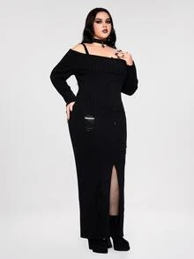 ROMWE Plus Size Gothic Dark Distressed Fitted Cold Shoulder Sweater Dress - Black - View 4