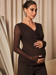 MaterniChic Maternity Solid Color Cowl Neck Contrast Mesh Long Sleeve T-Shirt - Brown - View 4