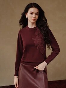 Anewsta Atasan Rajut Wanita Leher Bulat Warna Burgundy dengan Aplikasi Rajut Awal Musim Gugur - Burgundy - View 4