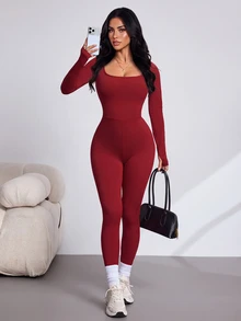 Slayform Women's Sports Backless Long Sleeve Fitted Jumpsuit - Burgundy - View 6