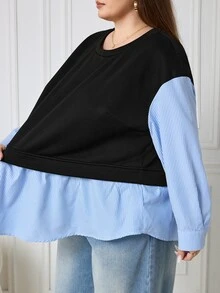 SHEIN CURVE+ Women's Plus Size Striped Patchwork 2 In 1 Shirt Sweatshirt, Casual Loose Fit Top For Autumn/Winter, Suitable For 5XL-8XL - Black - View 7