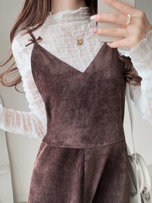 FRIFUL Women's Autumn Solid Color Velvet Bowknot Decor Jumpsuit - Coffee Brown - View 7