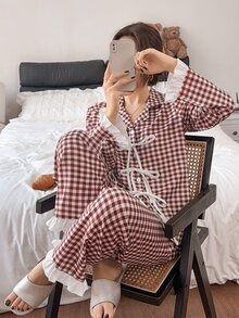 Napfluff Women's Casual Home Striped Print Lapel Contrast Color Ruffle Bowknot Long Sleeve Long Pants Pajama Set - Multicolor - View 4