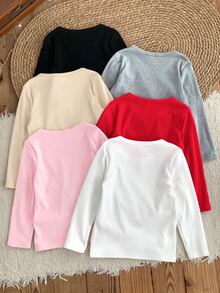 SHEIN 女童小女孩 6件組純色圓領休閒針織T恤套裝，刷毛厚實面料，適合秋冬穿著 - 彩色 - 查看 2
