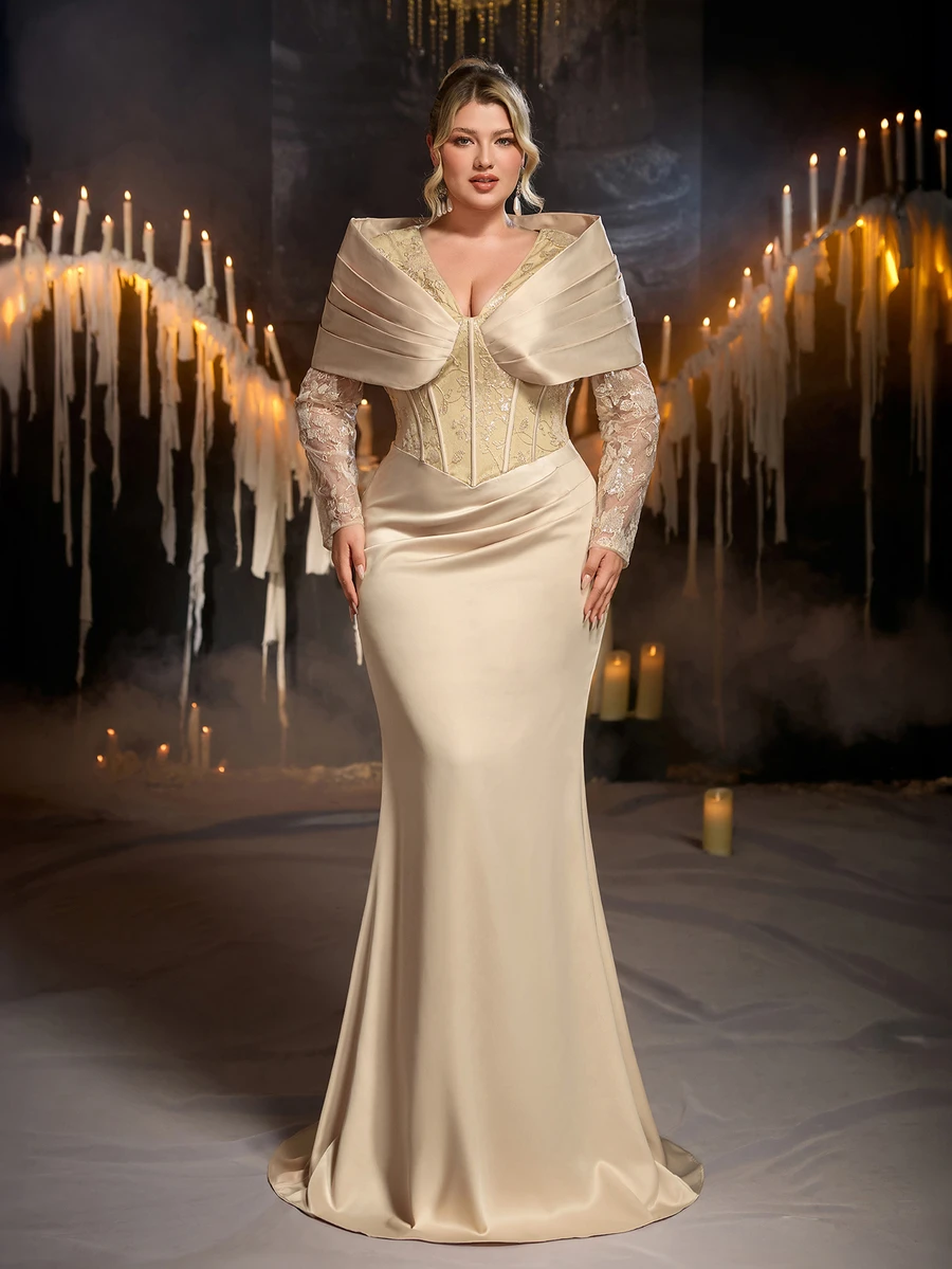 Glamrae Plus Size Elegant Glamorous Fashion Champagne Sequin Embroidered Color Block Satin Fabric Long Sleeve Exaggerated Shoulder Design Flattering Ruched Mermaid Long Dress Suitable For Wedding Events, Bachelorette Parties, Proms - Champagne - View 1