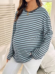 Lyckli 孕婦極簡條紋拼色長袖休閒T恤 - 藍色 - 查看 7