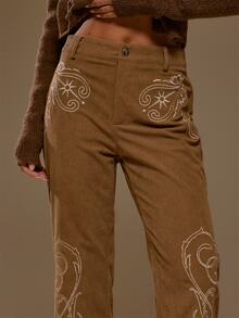 MUSERA Embroidered Corduroy Low Rise Fitted Flare Bootcut Trouser Autumn Winter Fall Western Night Cowgirl Cute - Khaki - View 4
