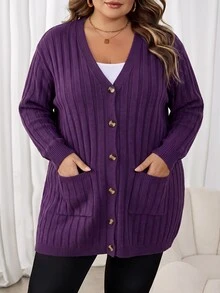 SHEIN CURVE+ 大尺碼女款純色休閒寬鬆百搭日常開襟衫 秋冬辦公居家穿搭 紫色 - 紫色 - 查看 4