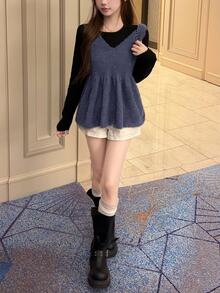 FRIFUL Women's Autumn Colorblock Layered Sweater 2 Pieces Set - Black - View 7