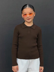Hapijoa Tween女孩POLO領修身長袖基礎針織上衣 秋冬款 - 咖啡棕 - 查看 5