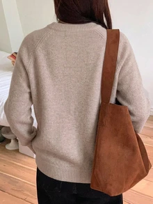 DAZY Solid Color Loose Long Sleeve V-Neck Casual Daily Vacation Korean Style Autumn/Winter Pullover Thick Knit Sweater For Women - Apricot - View 2