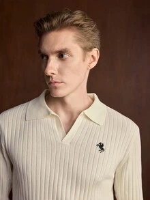 Manfinity CityGents Men's Solid Color Ribbed Polo Collar Sweater With Pony Logo, Minimalist Classic Everyday - White - View 7