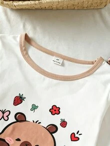 女童舒適休閒可愛水豚印花長袖長褲牛奶絲面料家居服套裝 - 卡其色 - 查看 8