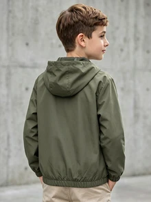 SHEIN Kids Tween Boy Casual Hooded Versatile Army Green Utility Pocket Jacket, Suitable For Commuting, School, Daily Casual Outings, Sports, Autumn/Winter - Army Green - View 3