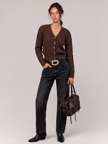 Freevana Elegant V-Neck Twisted Rope Cable Knit Single-Breasted Cardigan - Coffee Brown - View 6