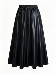SHEIN LUNE CURVE Plus Size Women's Autumn/Winter Glossy Leather Flared Skirt - Black - View 2