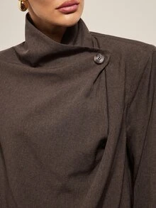 Hauture Vintage Brown Asymmetric Stand Collar Pleated Long Sleeve Blouse, Elegant Commute Loose Textured Top - Brown - View 6