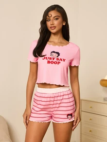 Betty Boop x SHEIN Women's Cartoon Print Top And Striped Frill Trim Shorts Pajama Set - Pink - View 4
