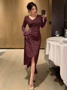 DAZY Women's V-Neck Long Sleeve Shiny Pleated Elegant Midi Dress - Red - View 5