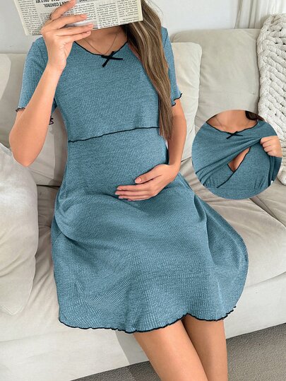 Moonlight&Mama Gaun Hamil Kasual Warna Polos Bergaris dengan Kerah Bulat, Model Pullover, Pakaian Tidur Rumahan
