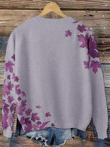 Linhara Plus Size Maple Leaf Pattern Crew Neck Casual Long Sleeve Pullover Sweater Fall Winter - Dusty Purple - View 2