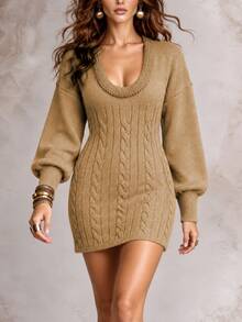 Selianne Women's Designer Asymmetrical Neckline Knit Sweater Dress - Camel - View 1