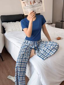 Napfluff 休閒居家服 格紋針織女款短袖睡衣長褲套裝 - 杏色 - 查看 4
