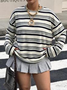 Muchica 大尺碼女款條紋圓領落肩長袖休閒T恤 - 淺灰色 - 查看 1