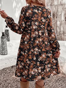 SHEIN VCAY 女款大尺碼長袖迷你洋裝－碎花圖案、燈籠袖－適合休閒、度假與外出穿著的優雅風格－秋冬時尚 - 彩色 - 查看 2