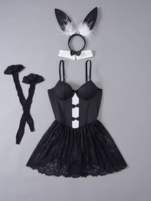 Fantasy Costume Vacation Party Jumpsuit Set, Bow Tie, Accessory Headband, Pair Of Socks, 4-Piece Set - Black - View 6