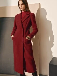 MOTF PREMIUM WOMEN'S VELVET PATCHWORK WAIST-CINCHING MID-LENGTH COAT, AUTUMN/WINTER - Red - View 6