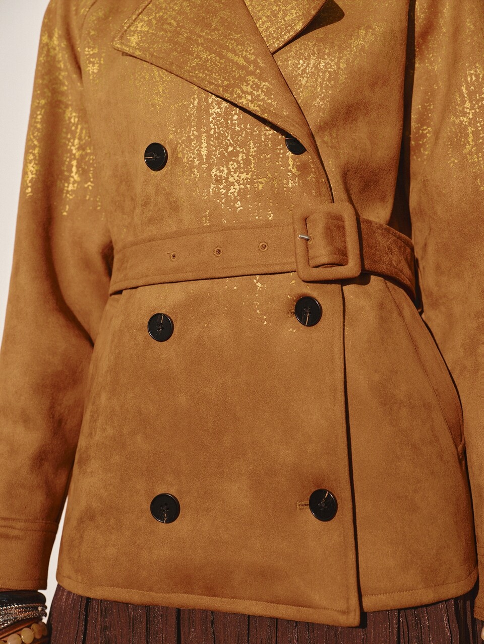 MOTF WOMEN'S AUTUMN/WINTER LARGE LAPEL GOLD FOIL SUEDE SHORT TRENCH COAT